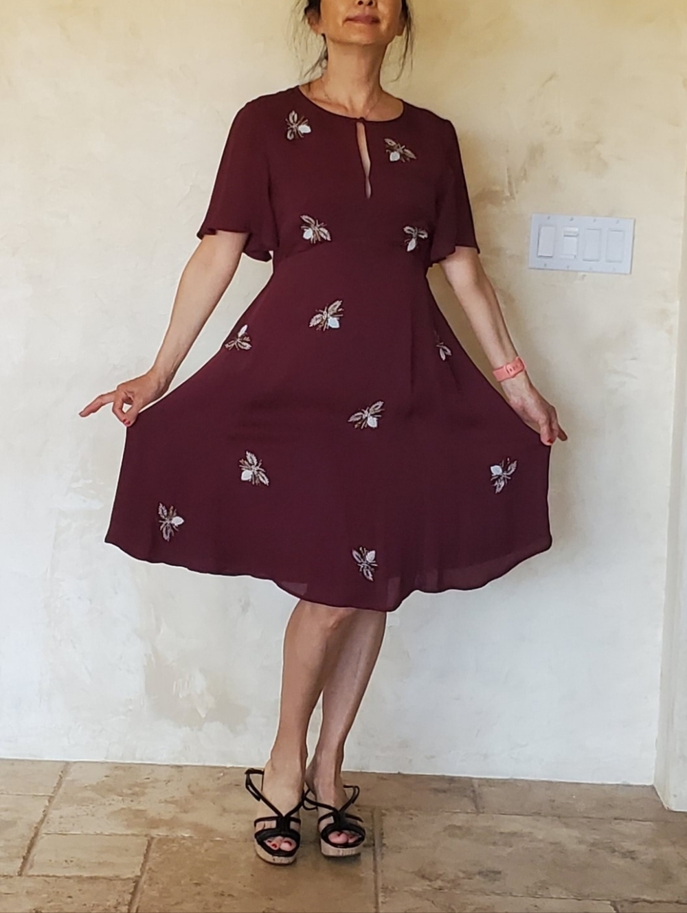 Moulinette Soeurs Burgundy Midi Dress with Floral Embroidery